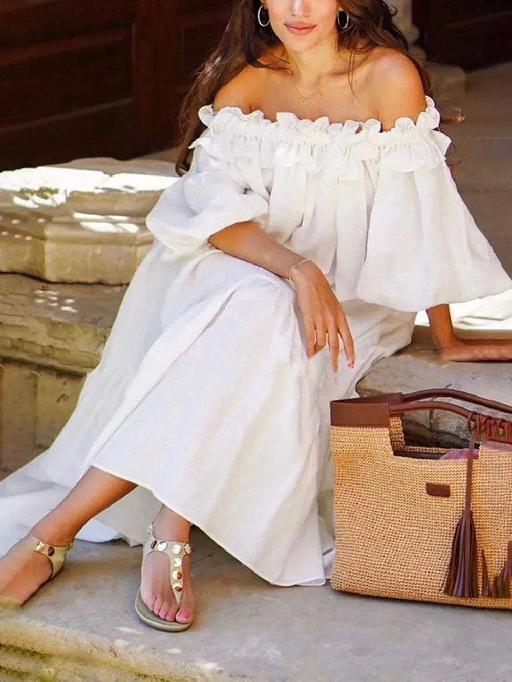 Ruffle Off Shoulder Puff Sleeve Pocketed Midi Dress - NuaVibe
