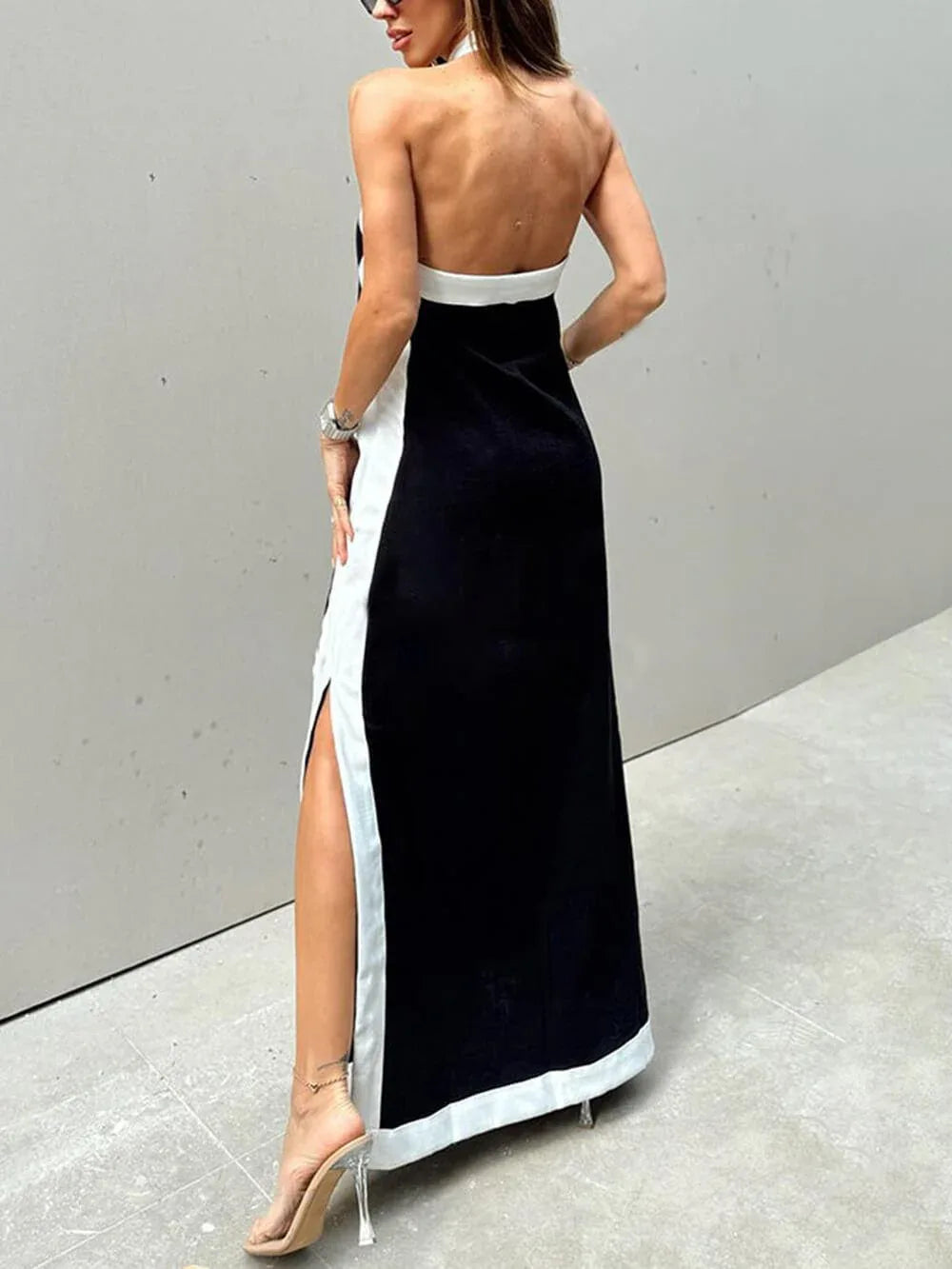Halter Neck Slit Color Block Maxi Dress - NuaVibe