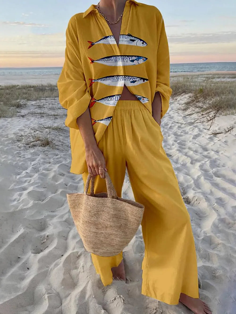 Ocean Print Oversized Shirt and Elastic Waist Pocket Pants Set - NuaVibe