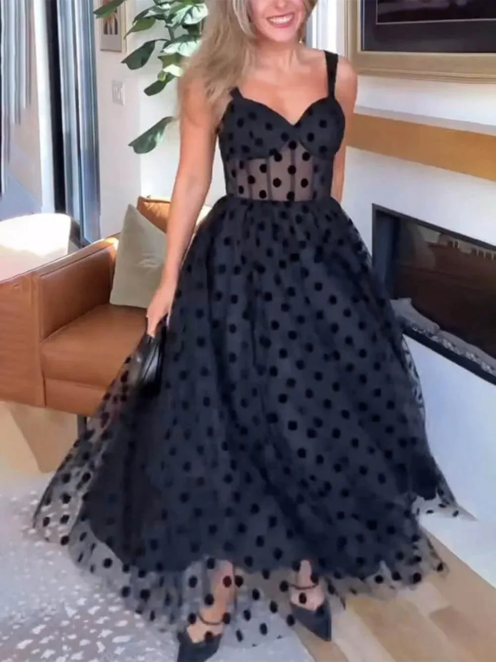 Polka Dot Sweetheart Bustier A-Line Midi Dress - NuaVibe