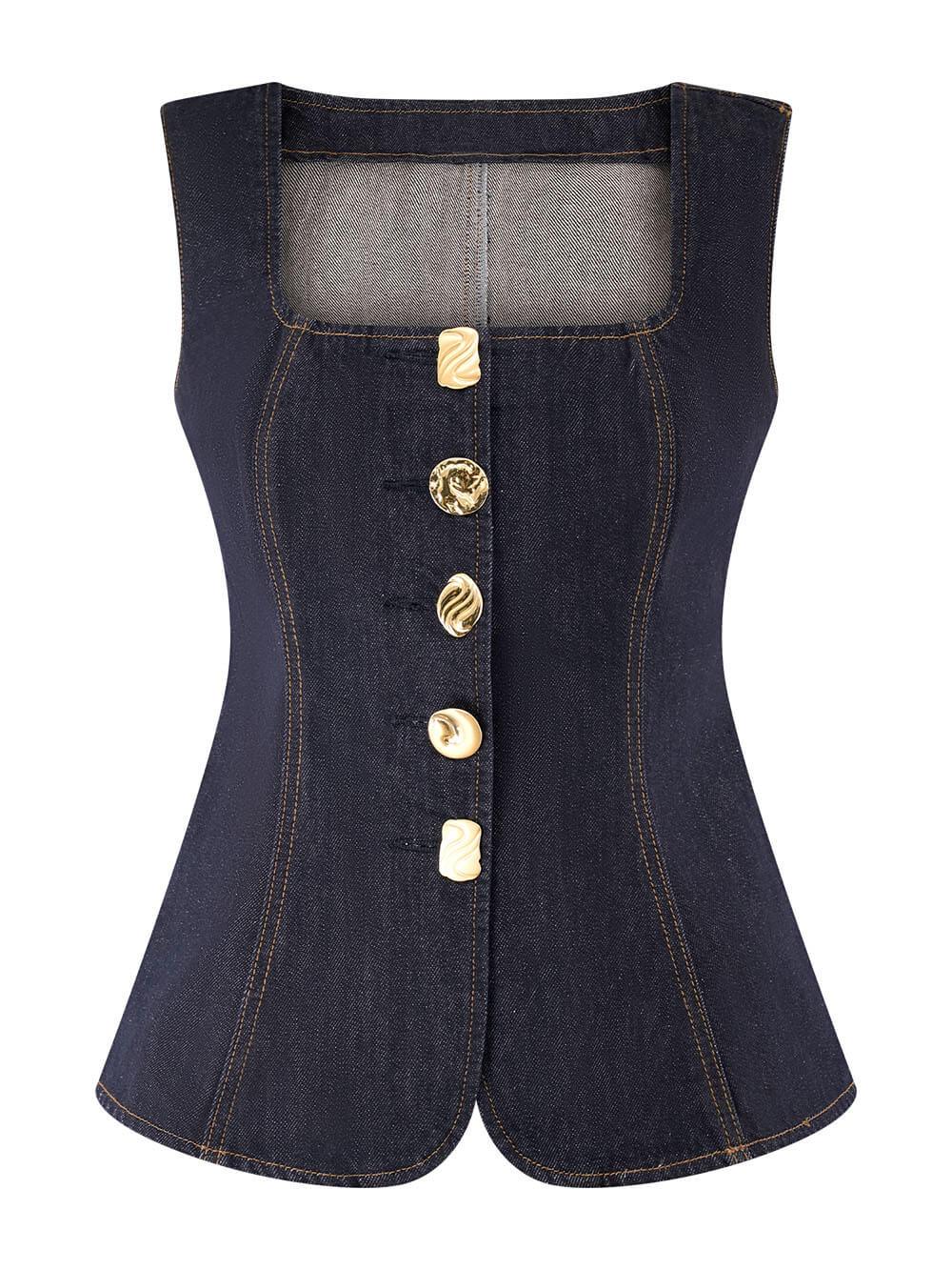 Unique Button-Down Denim Vest Top + Straight Jeans - NuaVibe