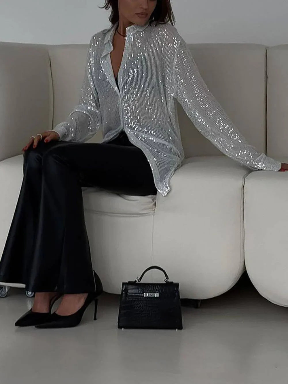 Stylish Sequined Collared Long-sleeved Shirt - NuaVibe