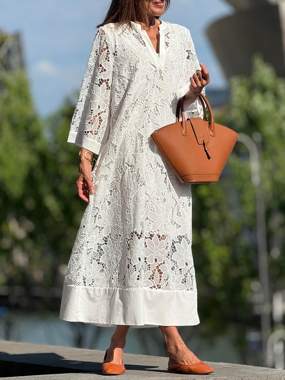 Flower Lace V-Neck Bell Sleeve Loose Midi Dress - NuaVibe