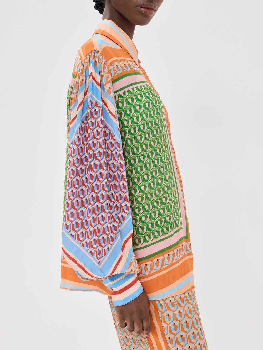 Colorful Unique Print Balloon Sleeve Button Loose Shirt - NuaVibe