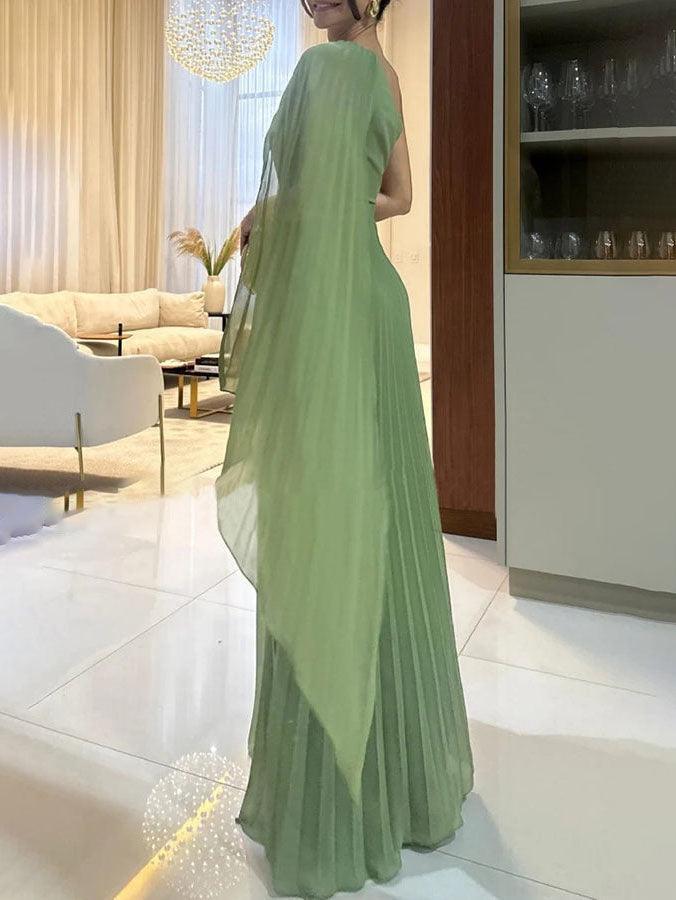 Elegant Flowing Pleated Off-the-Shoulder Maxi Dress - NuaVibe
