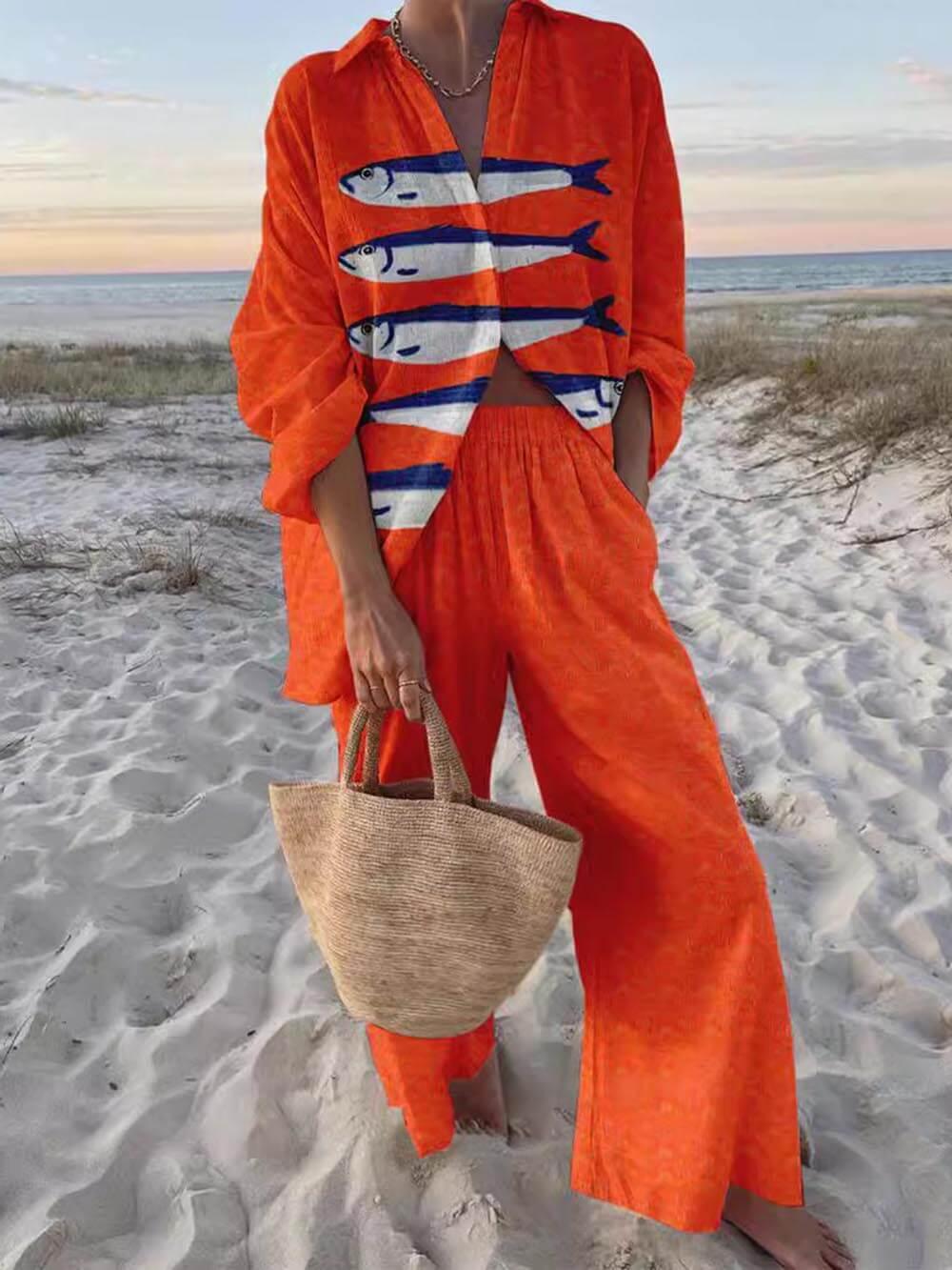 Unique Casual Print Loose Oversized Shirt Wide-Leg Pants Set - NuaVibe