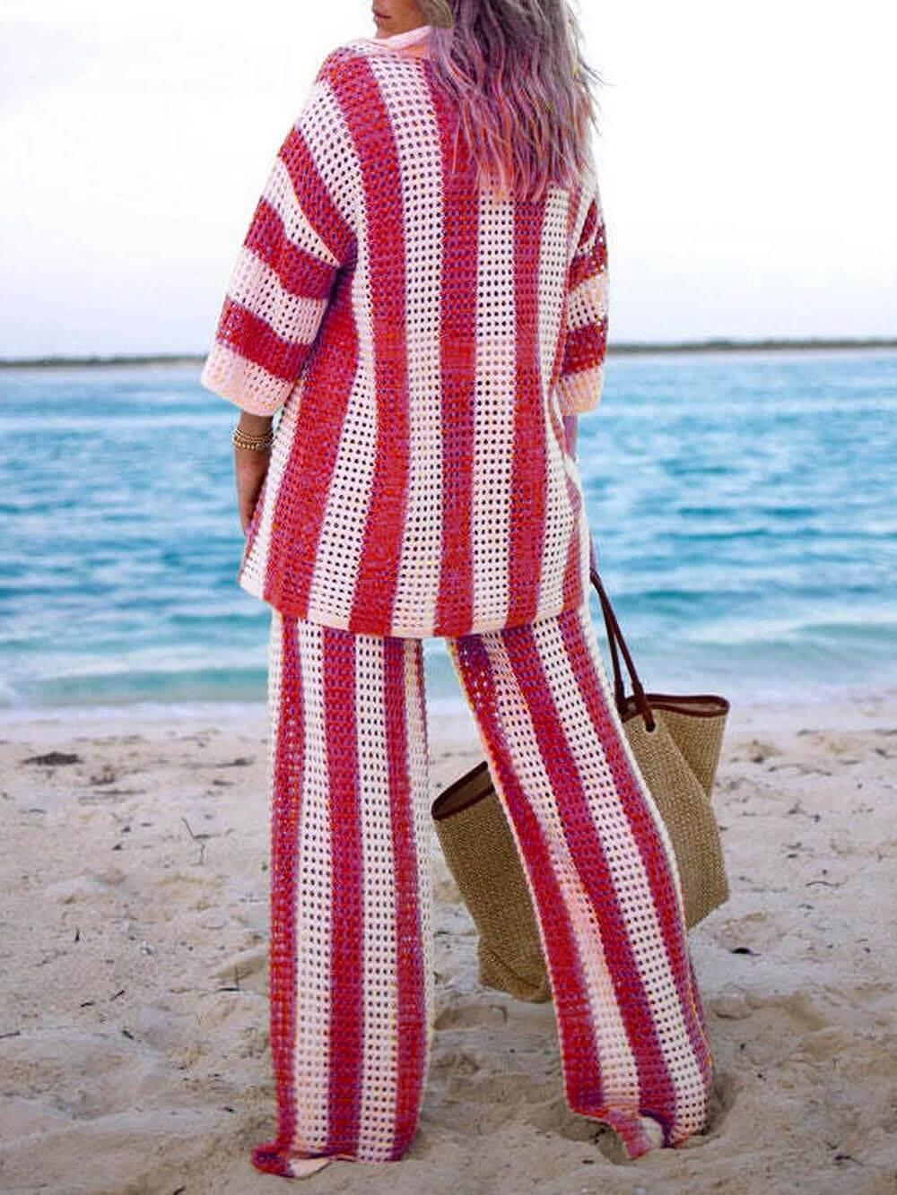 Loose V-Neck Fashion Hollow Out Striped Shirt Wide Leg Pants Set - NuaVibe