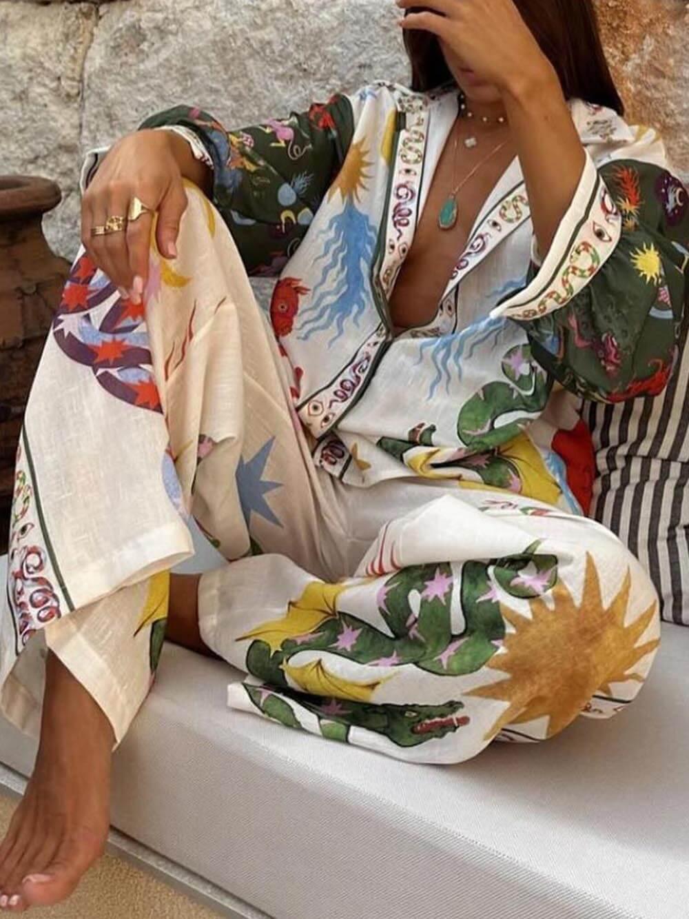 Beauty Unique Print Long Sleeve Shirt And Elastic Waist Pants Set - NuaVibe