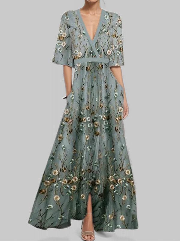Elegant Mid Sleeve Maxi Dress - NuaVibe