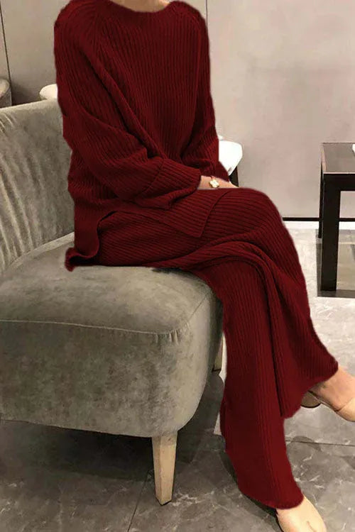 Long-sleeved solid color knitted casual sweater two-piece - NuaVibe