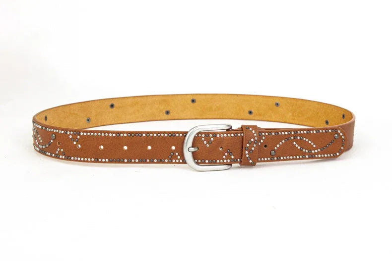 Distressed dark gold cracked PU leather rivet belt - NuaVibe