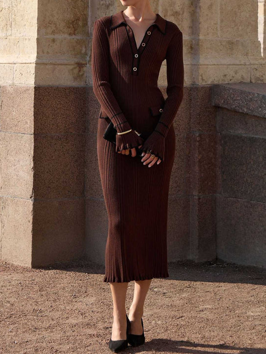 Contrast color Chanel style knitted elegant maxi dress