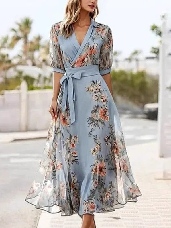 Floral Print V-Neck Short Sleeve Bow Waist Midi Dress - NuaVibe