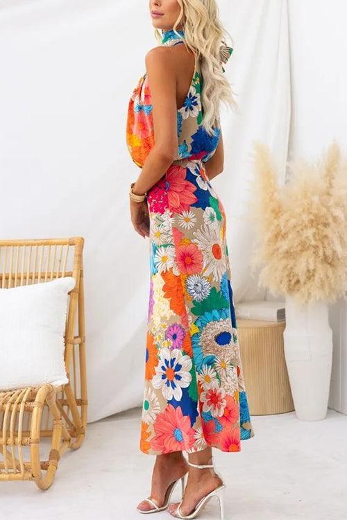 Sleeveless Tie Neck Waisted Floral Print Maxi Dress - NuaVibe