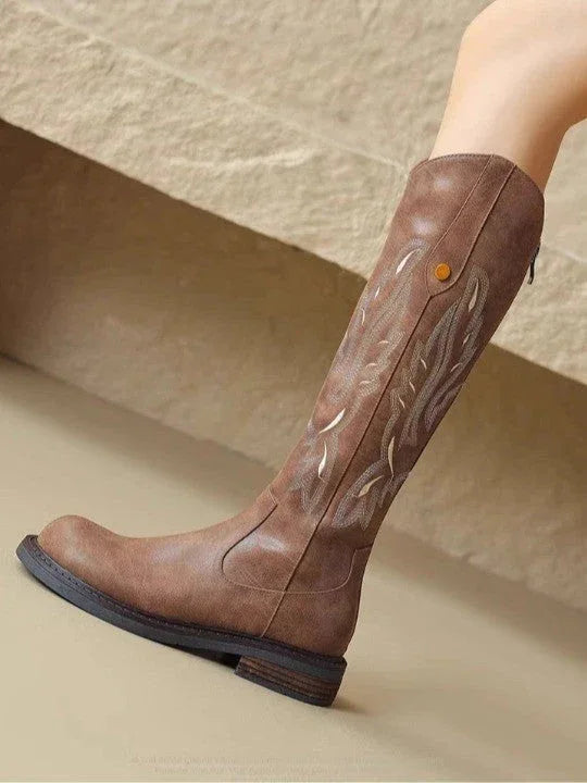 Brown embroidered back zipper long boots - NuaVibe
