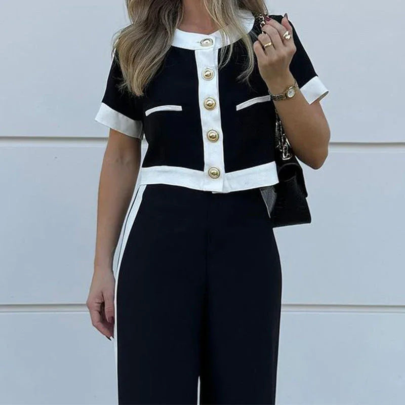 Stylish Casual Short Top & Straight-Leg Pants Two-Piece Set - NuaVibe