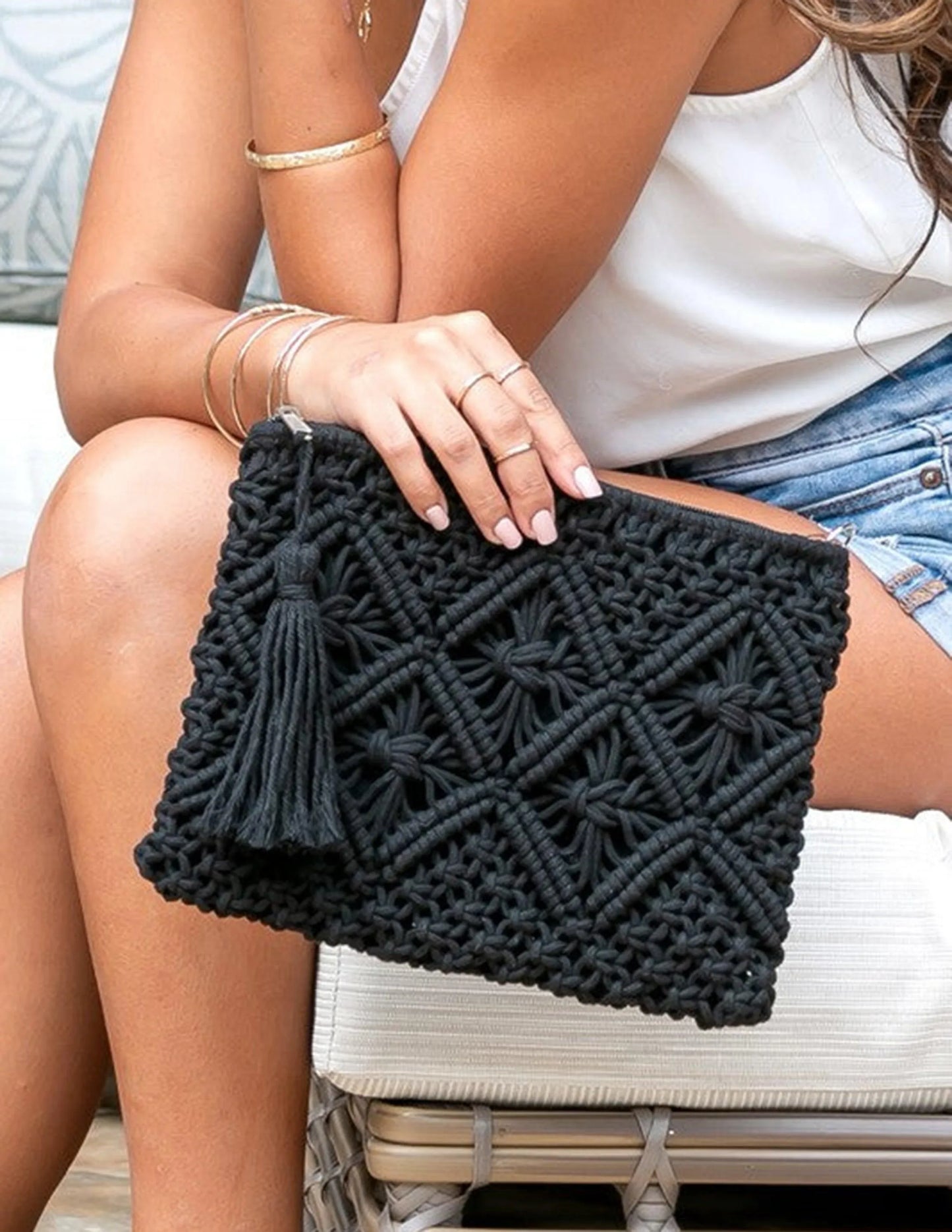 Diamond Pattern Macrame Tassel Clutch - NuaVibe