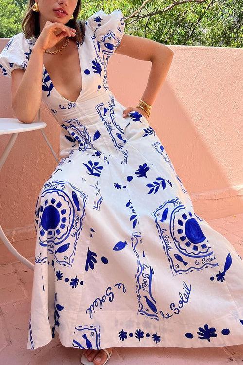 Deep V Neck Puff Sleeves Printed Swing Maxi Dress - NuaVibe