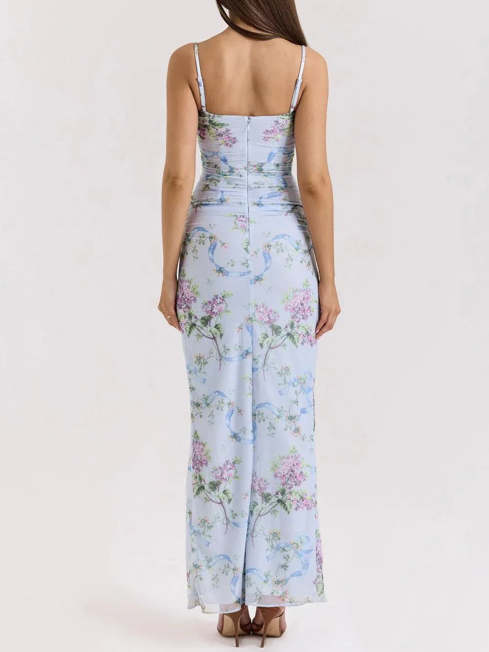 Blue loral print mesh maxi dress - NuaVibe