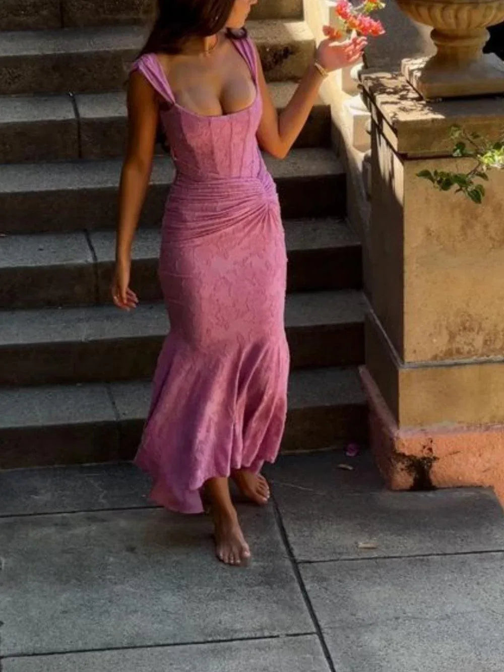 Dark Pink bell floral maxi dress - NuaVibe
