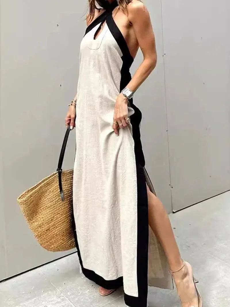 Halter Neck Hollow Slit Maxi Dress - NuaVibe