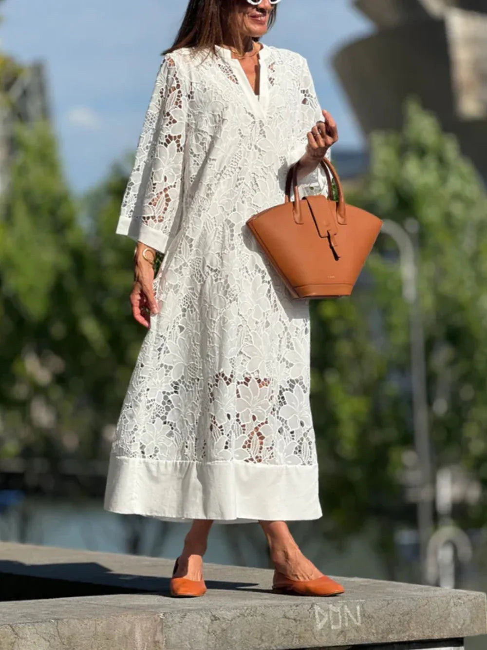 V-neck lace white loose dress - NuaVibe