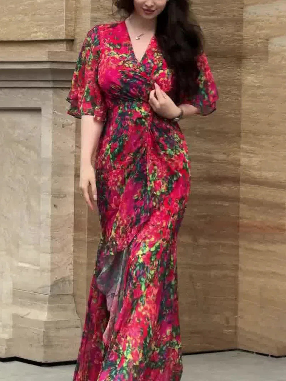 Retro V-neck trumpet sleeve printed dress - NuaVibe