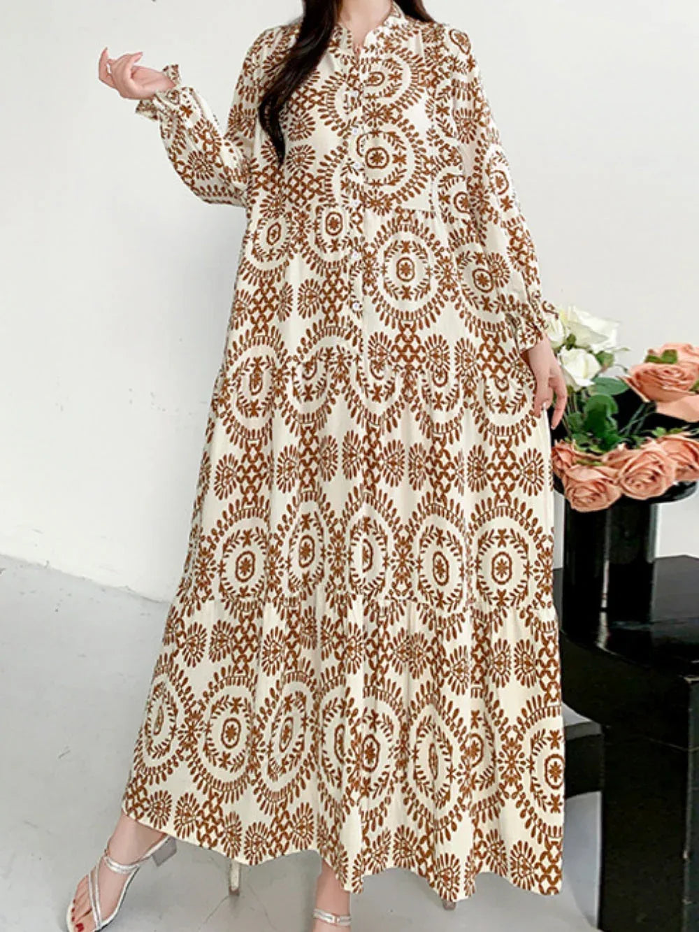 Printed lantern sleeves loose dress - NuaVibe