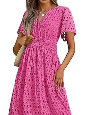 Cotton Casual Short Sleeve Hollow Pocket Midi Dress - NuaVibe
