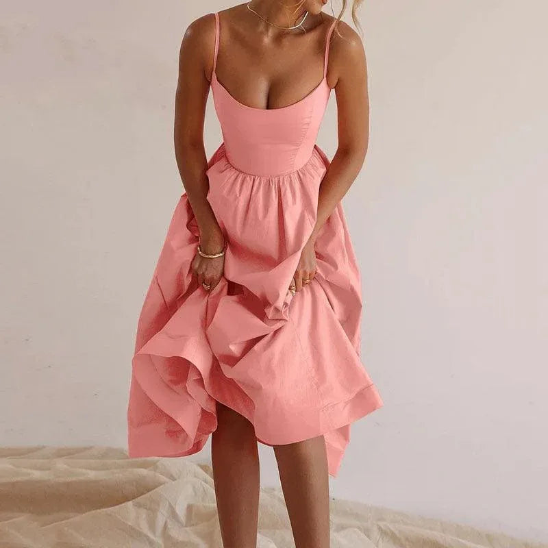 Pure Color Pleated Waist and Large Swing Sexy Suspender Dress - NuaVibe