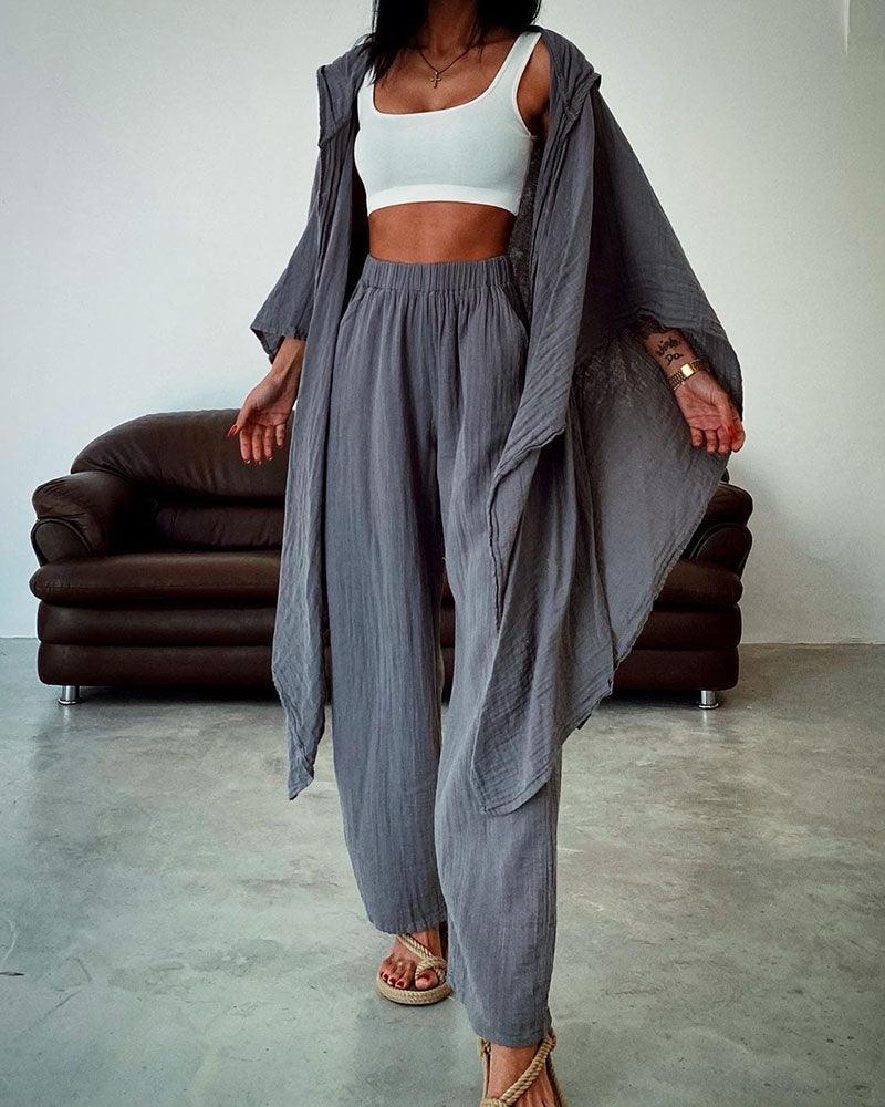 Chic hooded cardigan cotton and linen two-piece set - NuaVibe