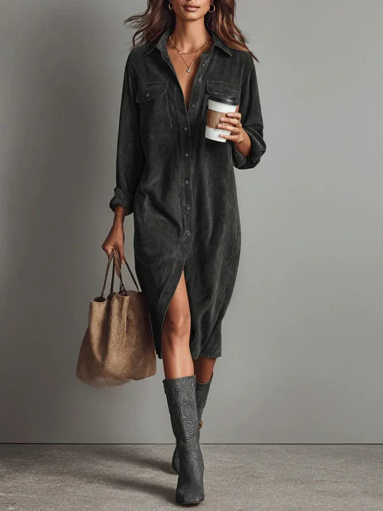Loose Corduroy Double Chest Pocket Single Breasted Midi Dress - NuaVibe