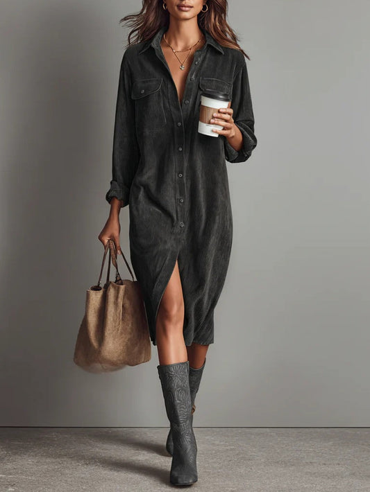 Gray Loose Corduroy Double Chest Pocket Single Breasted Midi Dress