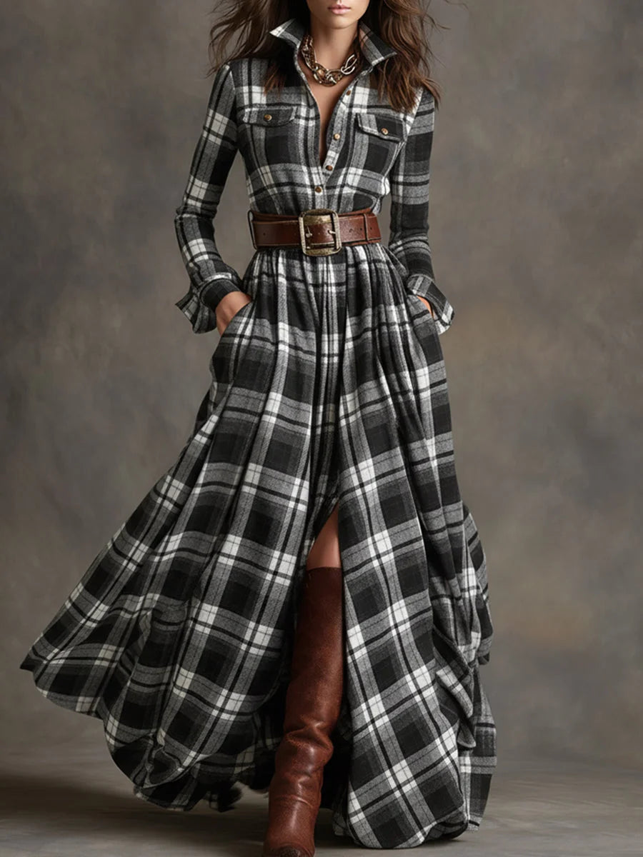 Retro lapel reddish brown plaid maxi dress