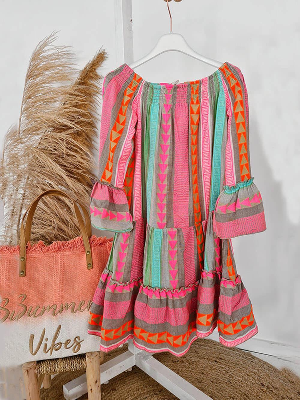 Ethnic Print Linen Blend Off Shoulder Loose Mini Dress - NuaVibe