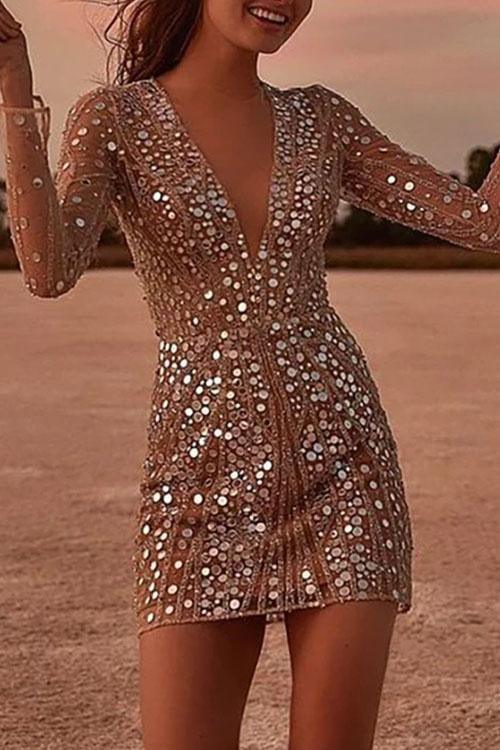 V Neck Sequin Wrap Mini Dress - NuaVibe