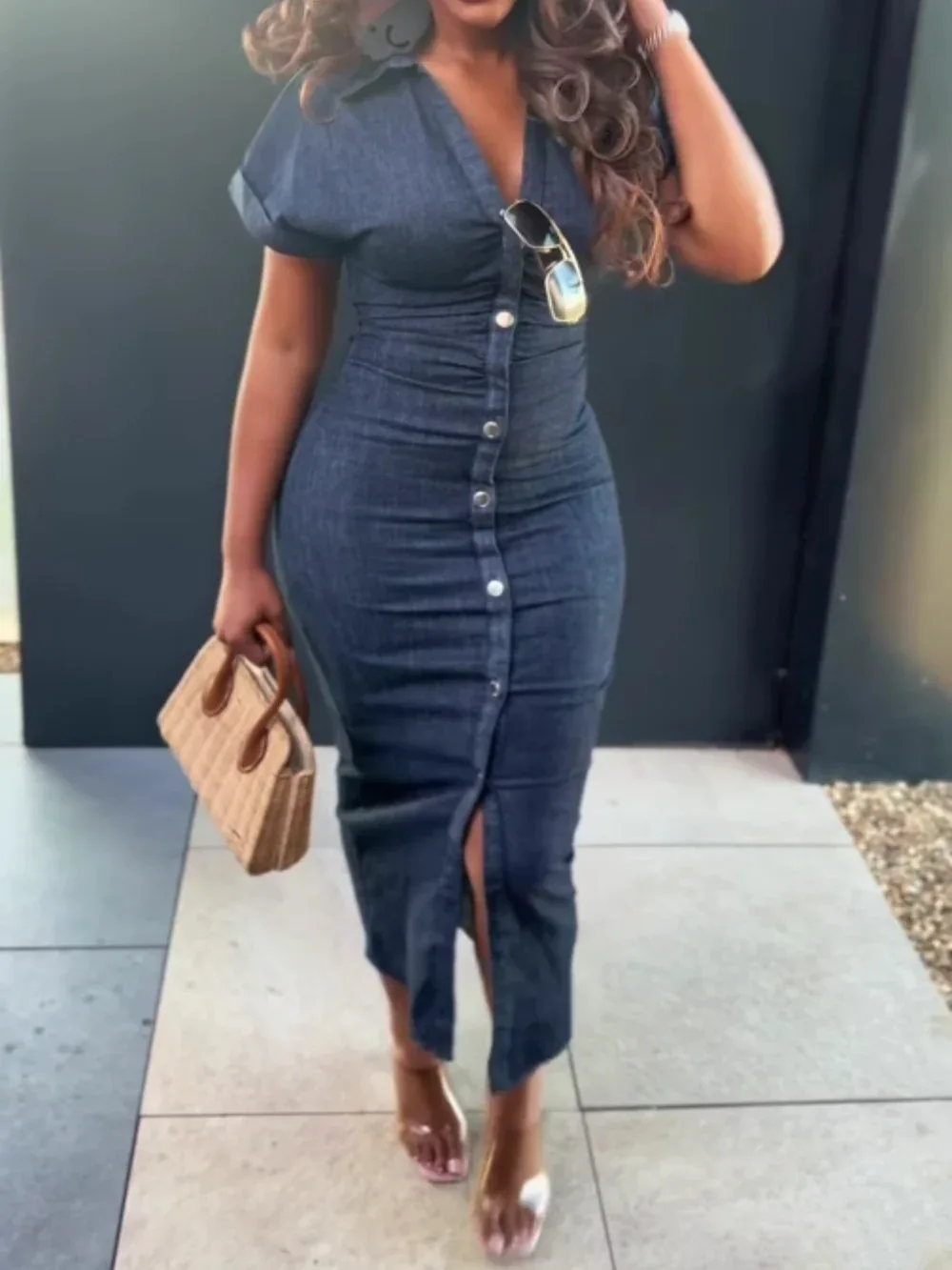 Elegant single-breasted slim-fit denim dress - NuaVibe