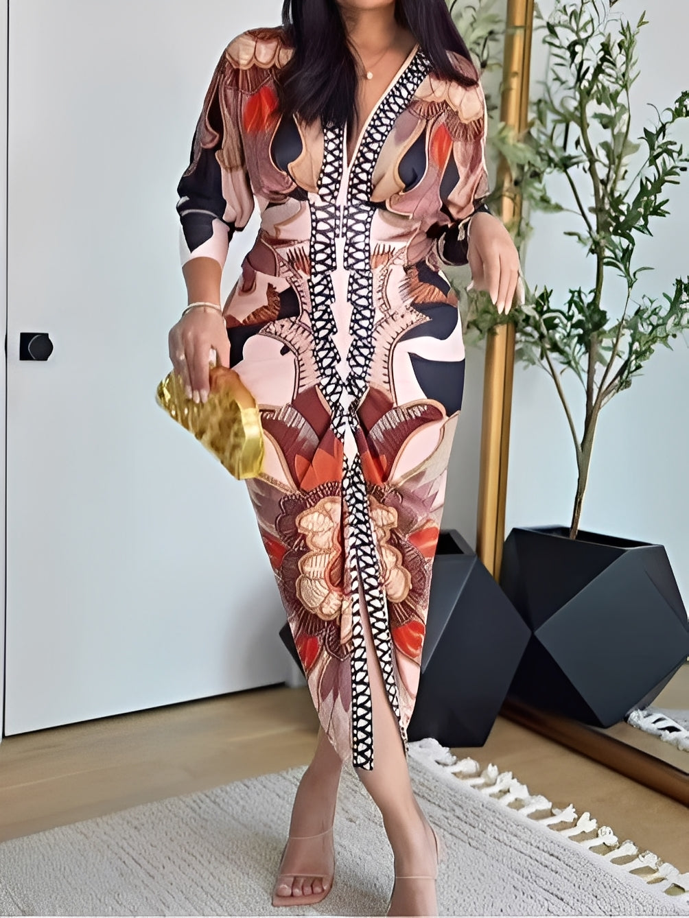 Vintage Baroque Long Sleeve Deep V Neck Bodycon Dress