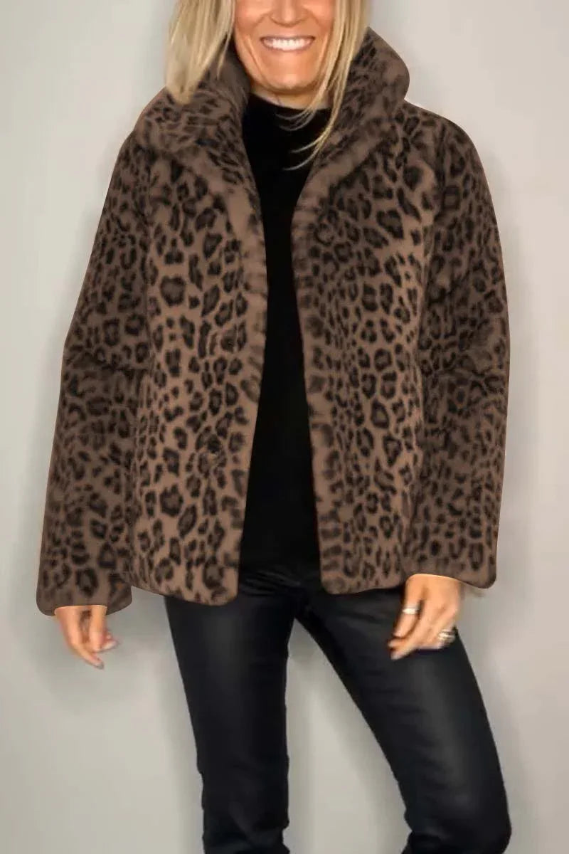 Stylish Leopard Print Lapel Faux Fur Mid-length Coat - NuaVibe