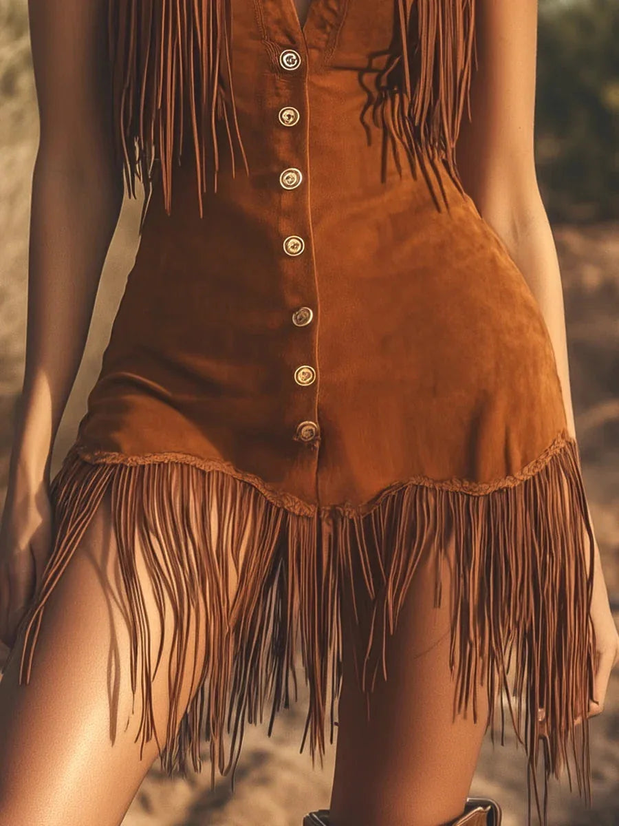 Western Brown Suede Fringe Sleeveless Mini Dress - NuaVibe