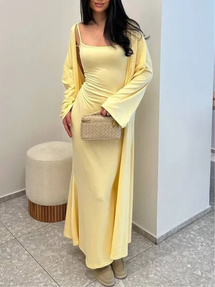 Sleeveless suspender hip dress long cardigan set - NuaVibe