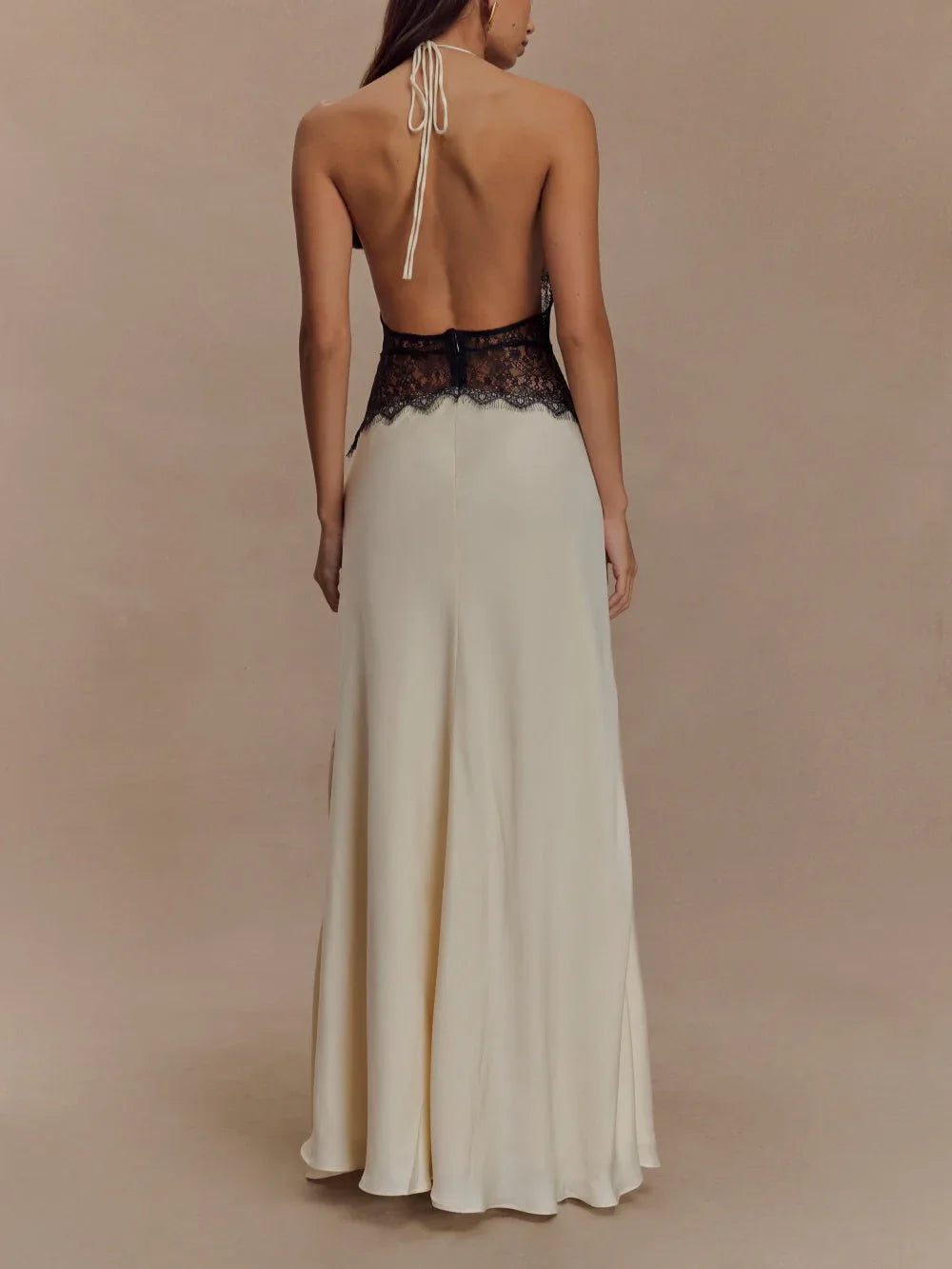 Deep V silk satin maxi dress with halterneck - NuaVibe