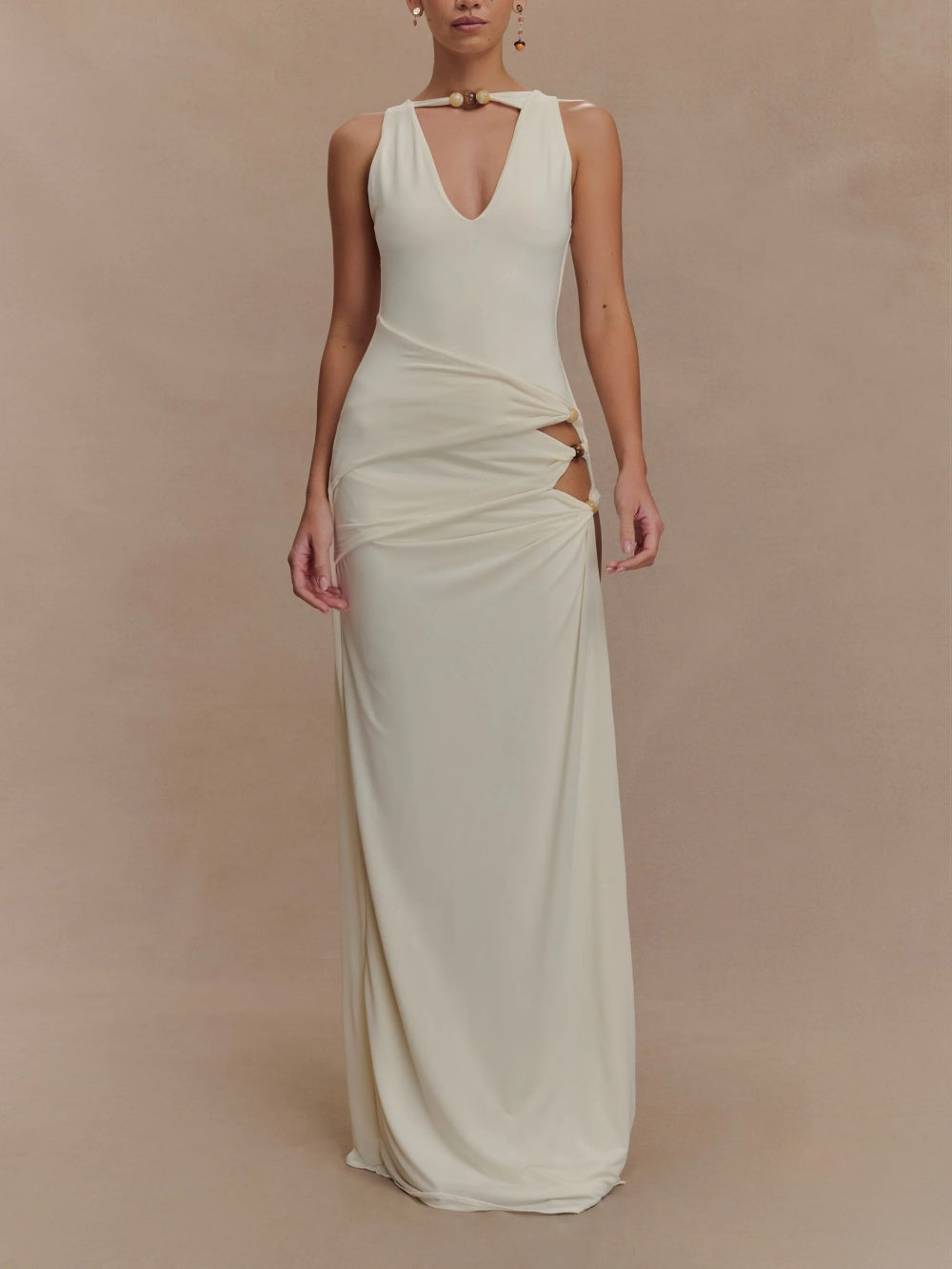 Slinky Beaded Maxi Dress - Ivory