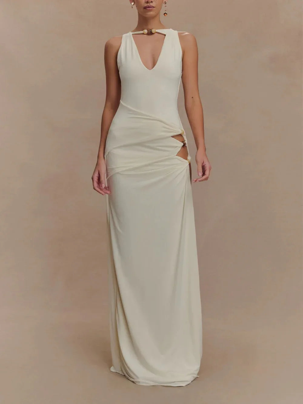 Slinky Beaded Maxi Dress - Ivory - NuaVibe