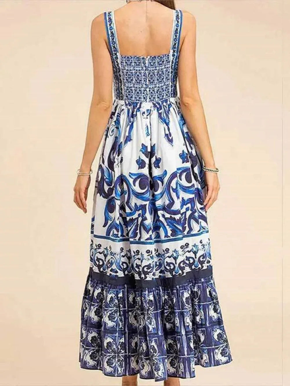 Printed Shirred Strap Maxi Dress - NuaVibe