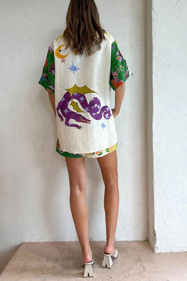 Days of Heaven Linen Blend Unique Print Blouse and Elastic Waist Pocketed Shorts Set - NuaVibe
