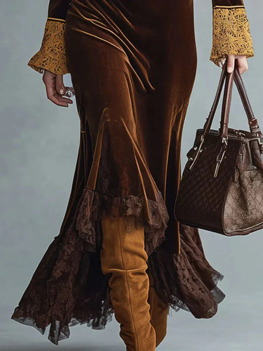 Fashionable retro lace half-zip cocoa brown velvet fishtail dress (Includes belt) - NuaVibe