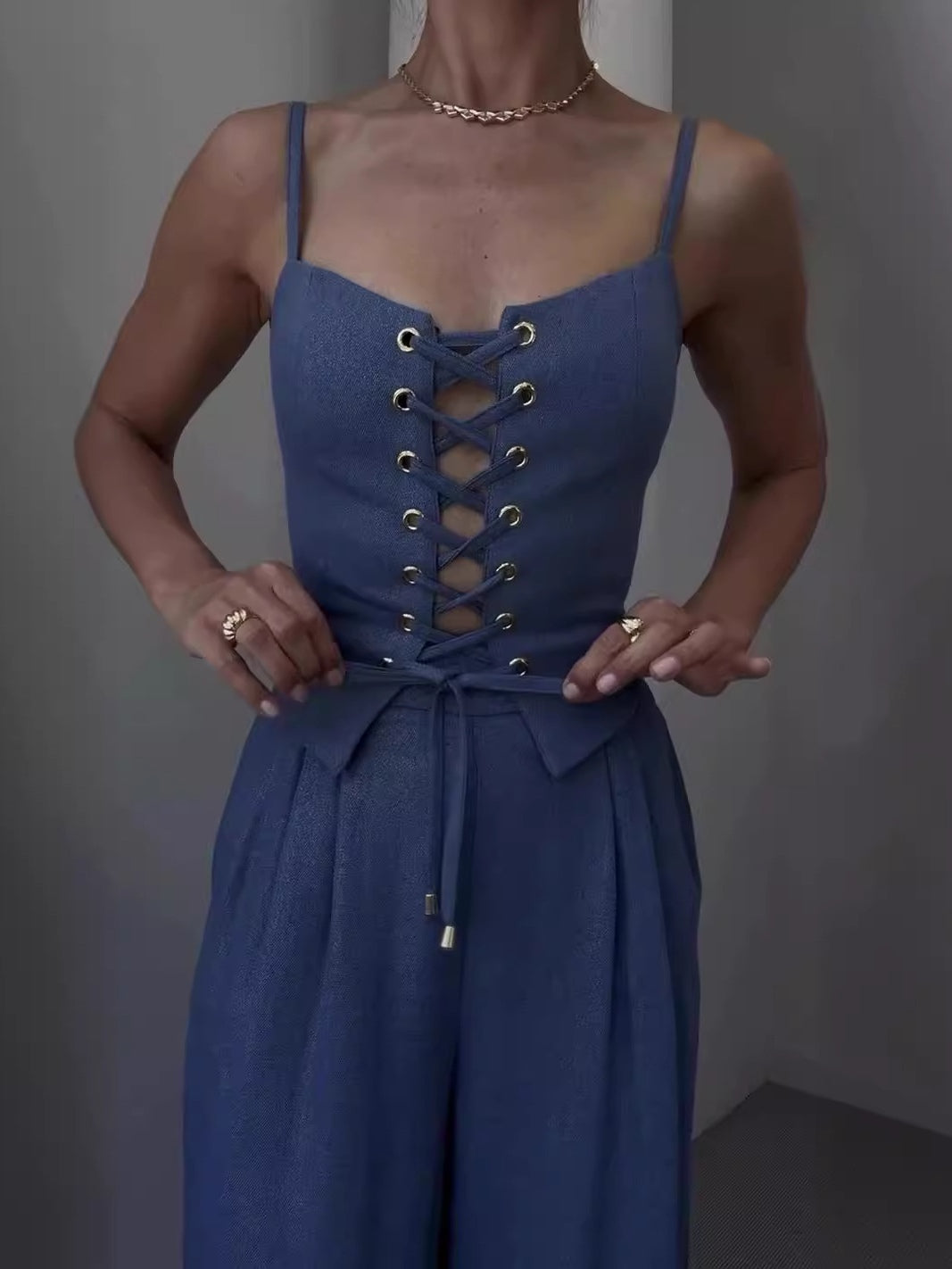 Linen Blend Tie Front Camisole Two-Piece Set