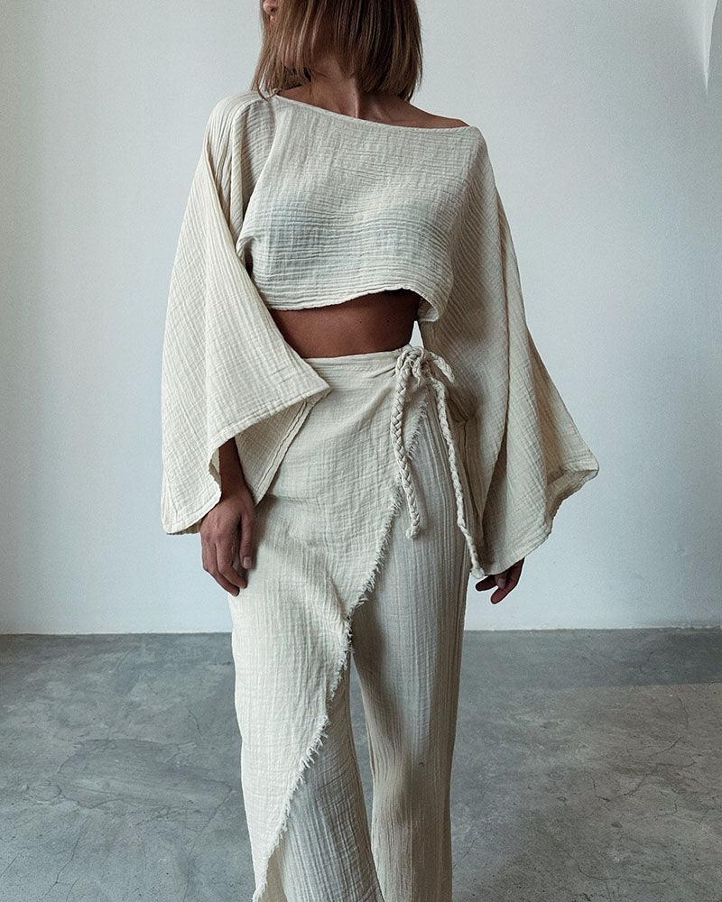 Woven lace-up cotton and linen two-piece set - NuaVibe