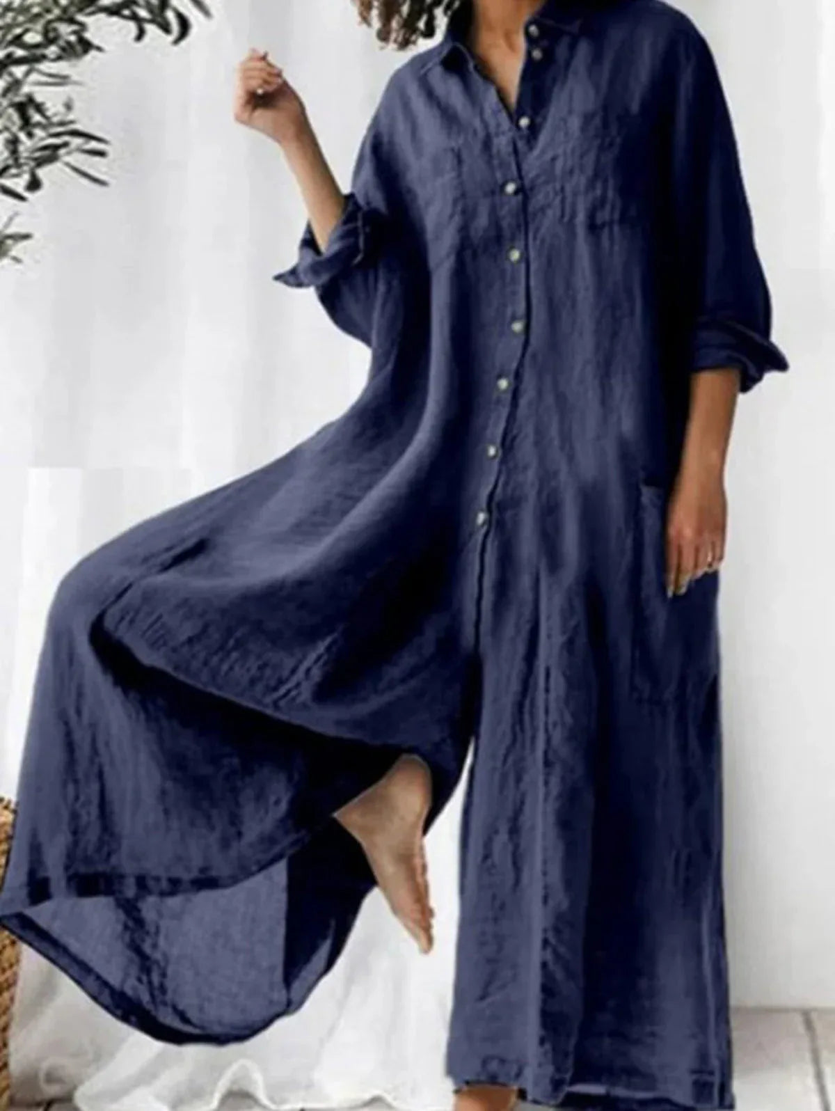 Casual Plain Lapel Collar Single Breasted Wide Leg Jumpsuit - NuaVibe